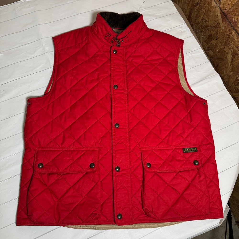 VTG Polo Ralph Lauren Red Quilted Puffer Vest Calf Suede Collar‎ Mens Jacket 2XL